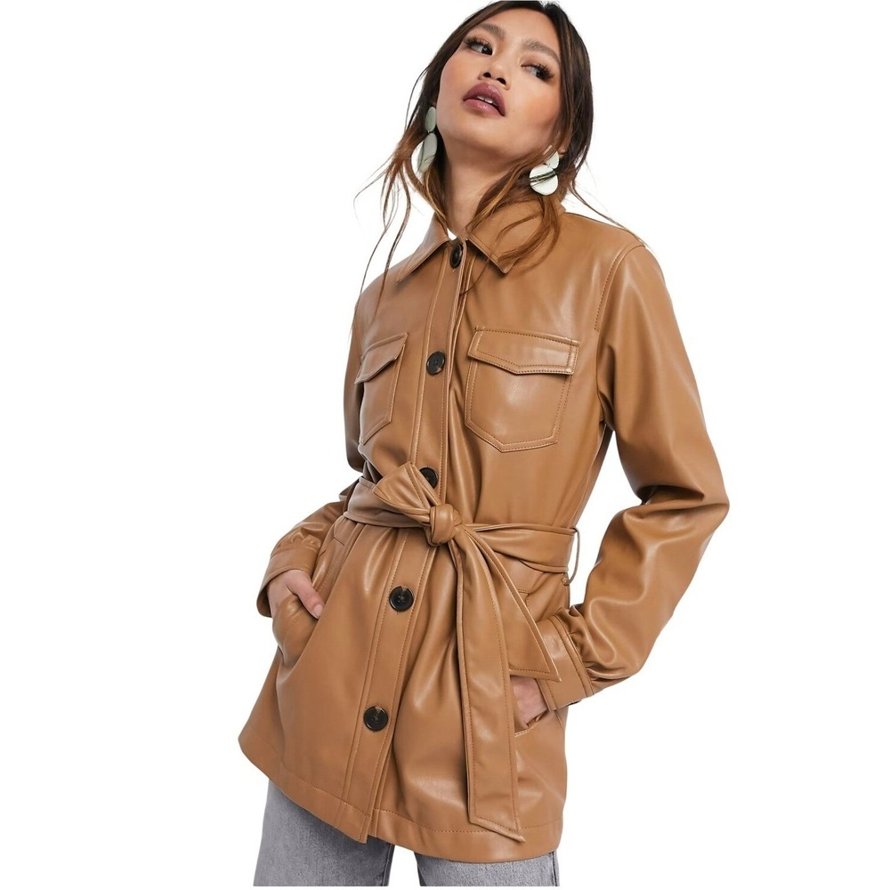 NWT Stradivarius Women's Tan Faux Leather Belted Trench Utility Jacket Large